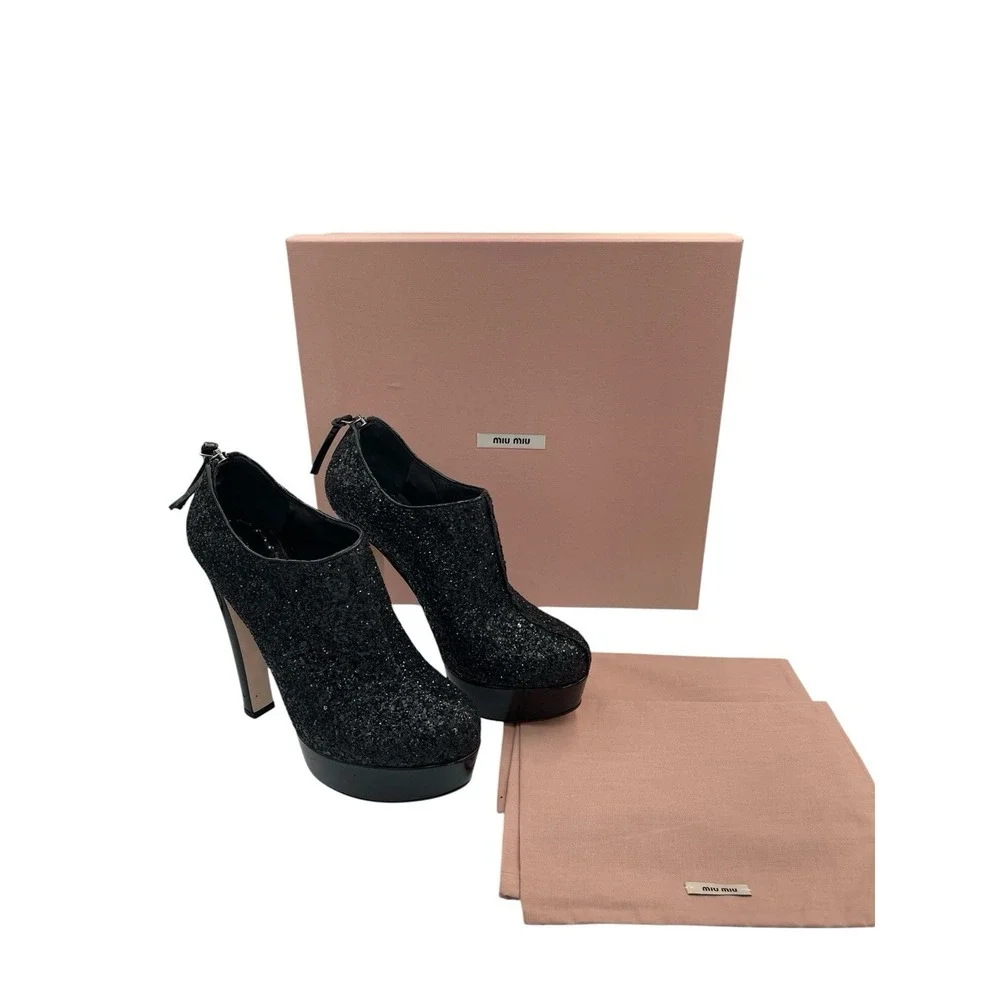 Miu Miu Black Glitter Platform Booties Pumps High Heels EU 38 US 8